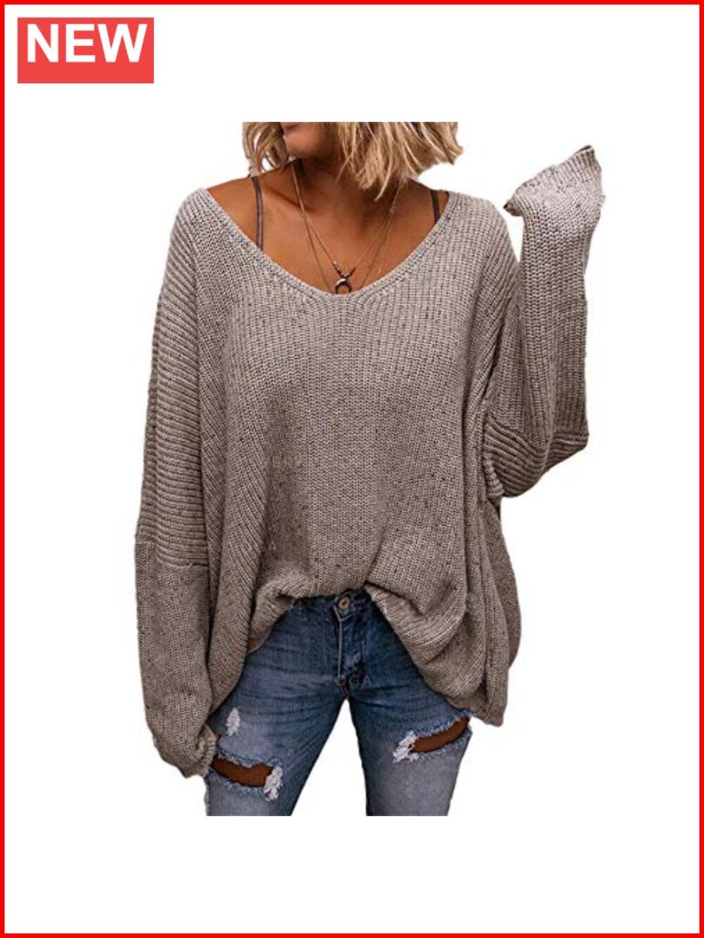 Waffle Knit Long Sleeve V Neck Oversized Pullover Sweater Top